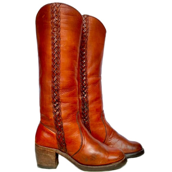 SOLD FRYE Vintage Black Label Braided Sabrina Campus Brown Western Boots 7 - Picture 3 of 8